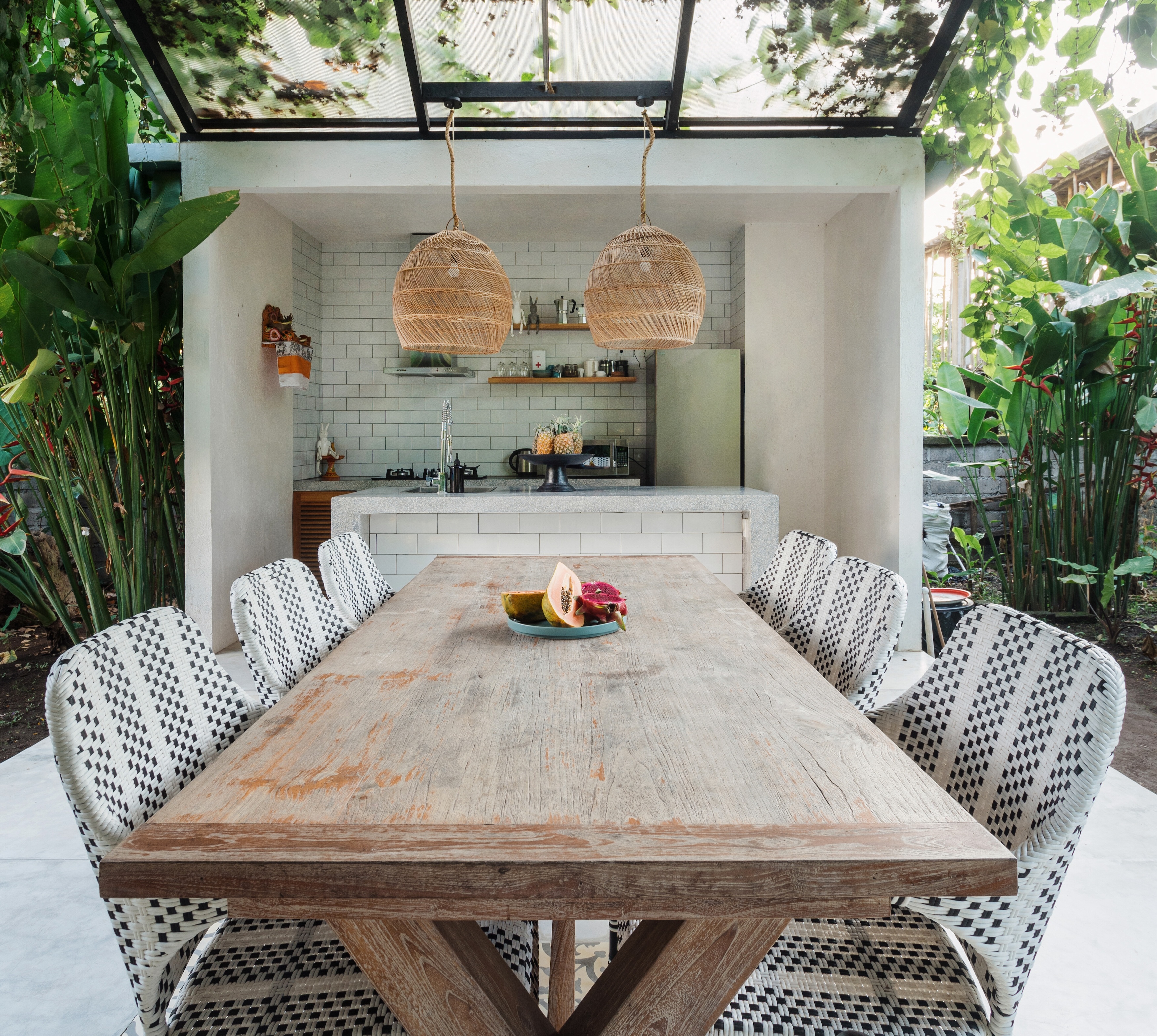 Modern outdoor kitchen and dining area